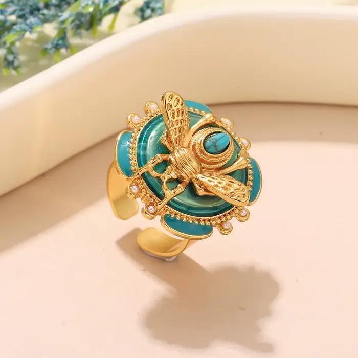 Bague abeille élégante en émail vert – Bague manchette ouverte plaquée or avec perles turquoise et p