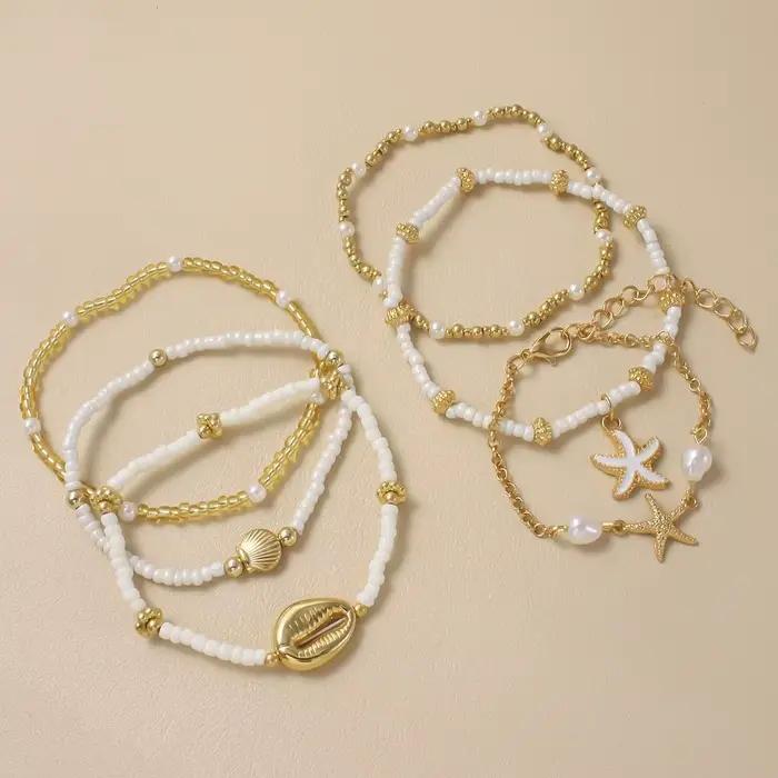 Ensemble de bracelets en perles de riz coquillage, multicouches, avec pendentifs étoile et étoile de mer, empilables, style bohème rétro, bijoux de plage