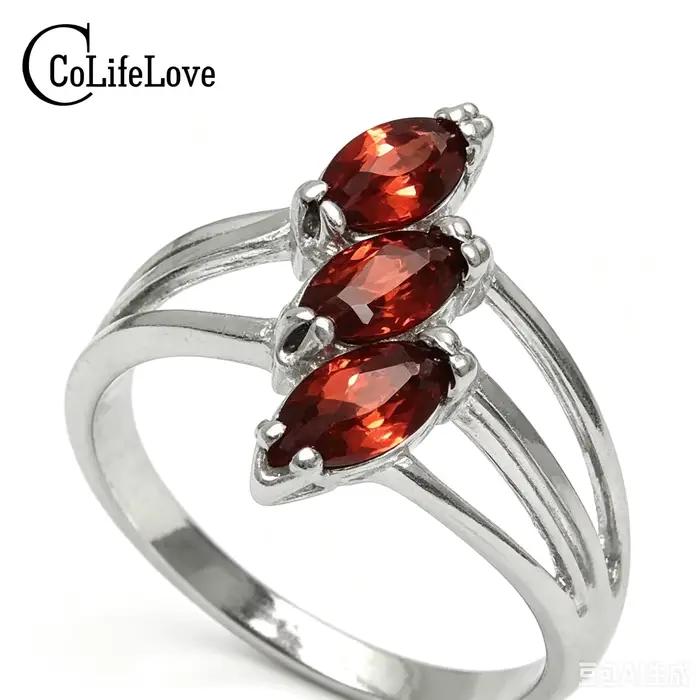 Bague élégante en argent avec pierres précieuses, 3 pièces, 2.5mm x 5mm, bague en grenat naturel avec certificat, bijoux en argent massif 925 avec pierres précieuses en grenat