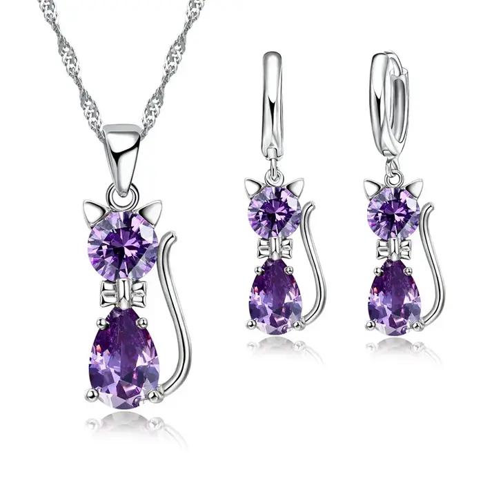 Ensemble de bijoux chat mignon avec cristal autrichien pour femme