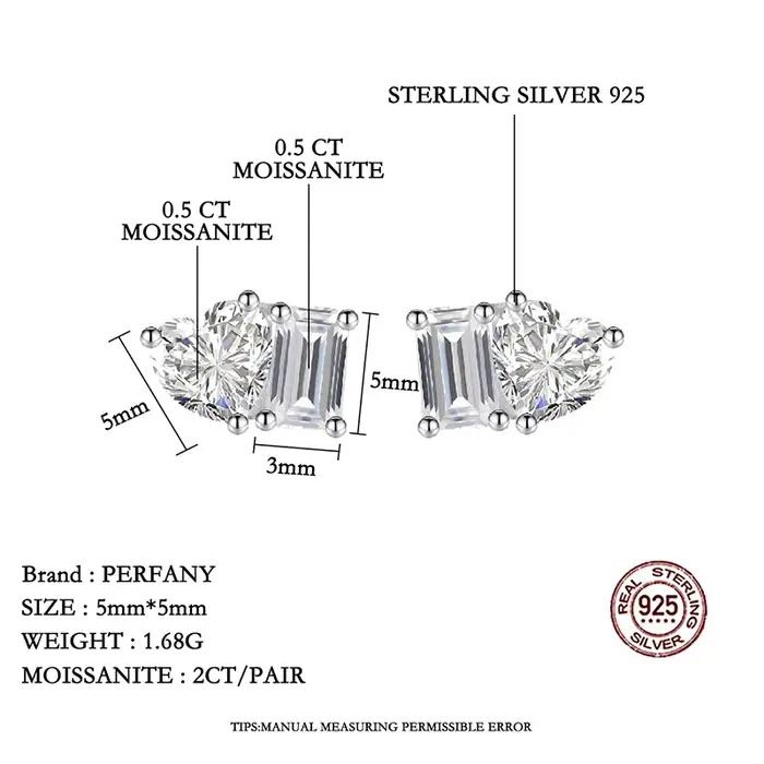 PERFANY – boucles d'oreilles en Moissanite pour femmes, coupe émeraude rayonnante, 2CT, argent pur S925, cœur, diamant de laboratoire, bijoux de mariage à la mode