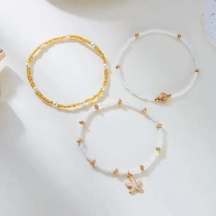 Chaîne de cheville réglable à trois couches avec coquillages étoiles de mer