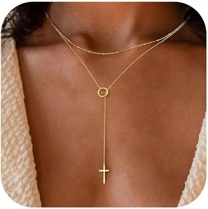 Collier croix Lariat en or véritable 14 carats pour femmes, long pendentif croix superposée en forme de Y, bijoux de baptême religieux et chrétien pour femmes occasions spéciales