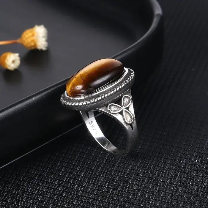 Bague Ovale en Œil de Tigre Naturel Grande Taille Bijoux Vintage Pour Femmes Hommes Occasions Spéciales Anniversaire Fiançailles Mariage Partie Fête Cadeau