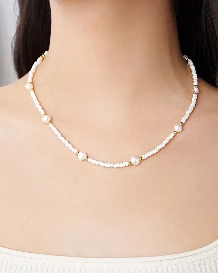 Collier en perles d'eau douce naturelles serties en or 14K pour femmes - Style moderne - Occasions d'engagement et cadeaux exceptionnels
