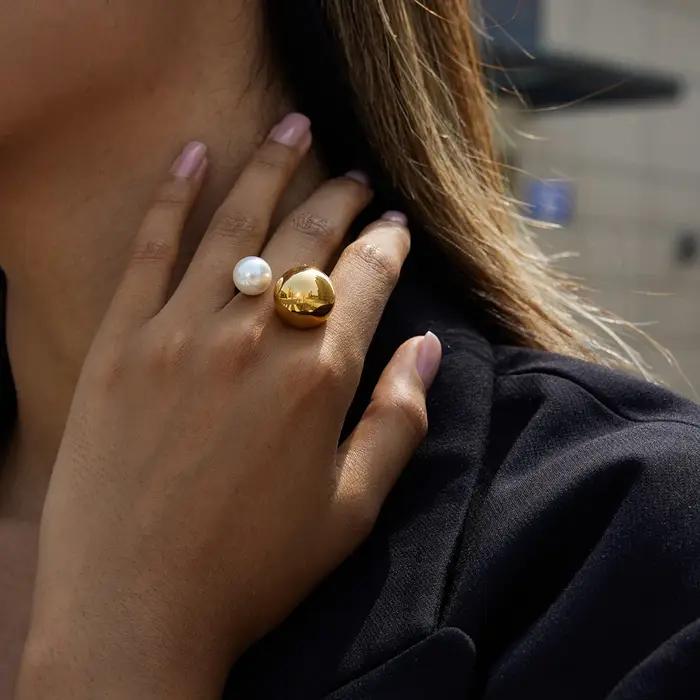 Yori mode Imitation perle métal PVD plaqué géométrique bague nouveautés haute qualité Texture bijoux 2025 cadeau