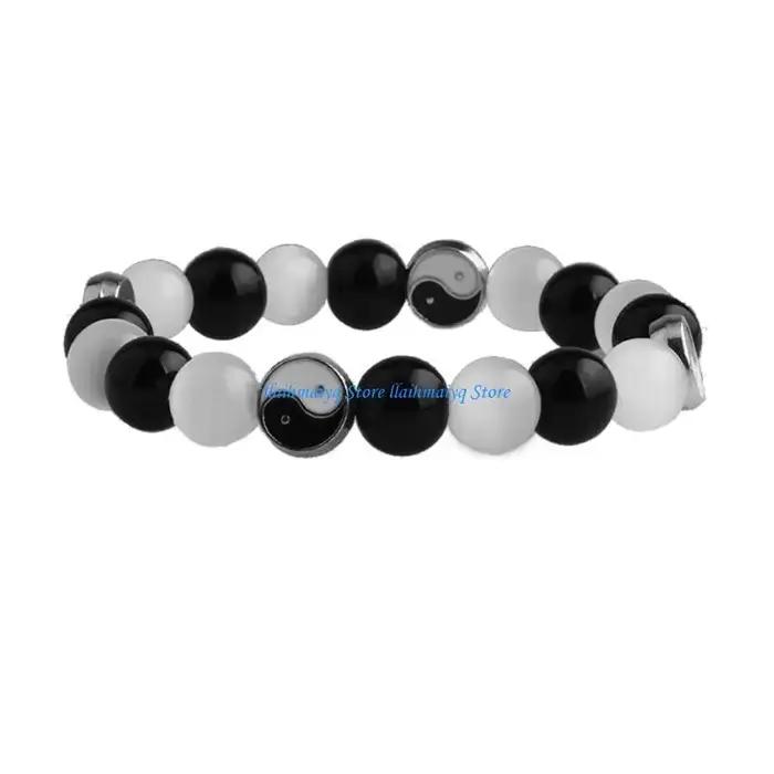 573b Naturel Stone Amitié Yin Yang Bracelet Black Agate Crystal
