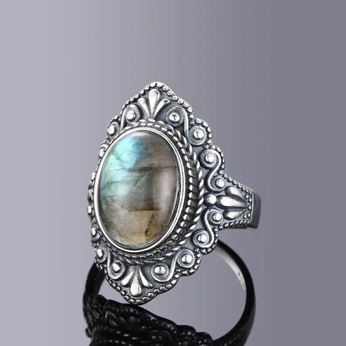Nasiya Vintage ovale naturel Labradorite anneaux pour femmes S925 bague en argent bijoux