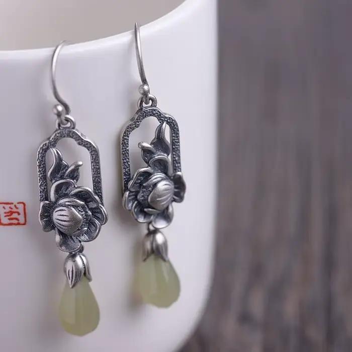 Boucles d'oreilles en porcelaine émaillée de Magnolia blanche Hetian naturelle, breloque bohème chinoise, bijoux de marque en argent pour femmes