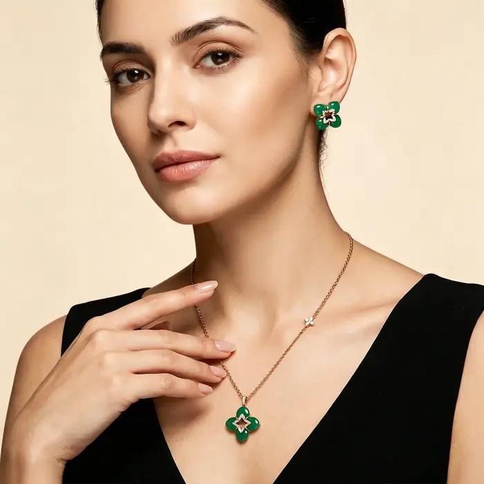 Elegant Four-Leaf Clover Mother of Pearl CZ Necklace & Earring Set Rose Gold Plated Stackable Jewelry for Women Daily Wear Datin