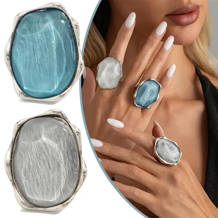 Bagues en résine à motif vague d'eau bleue vintage pour femmes