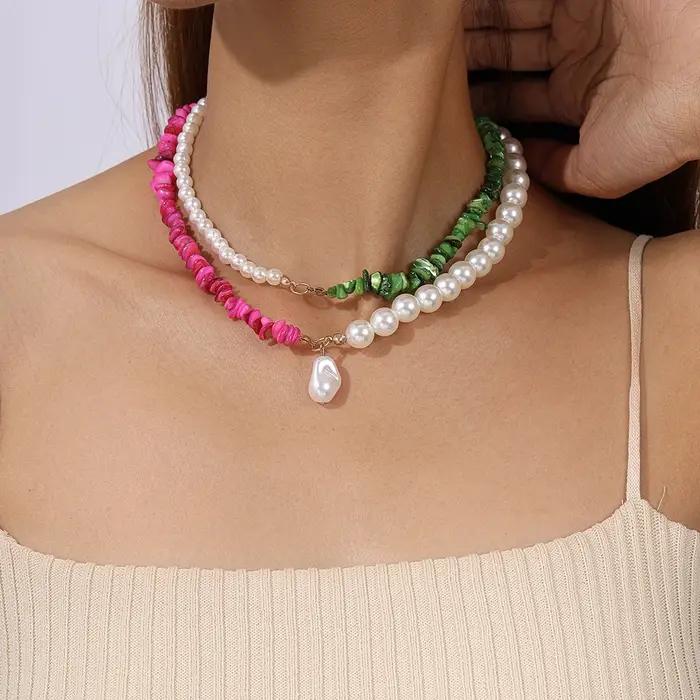Collier de perles de plage d'été pour femmes, 2 pièces, ras du cou en perles de pierre colorée, bijo