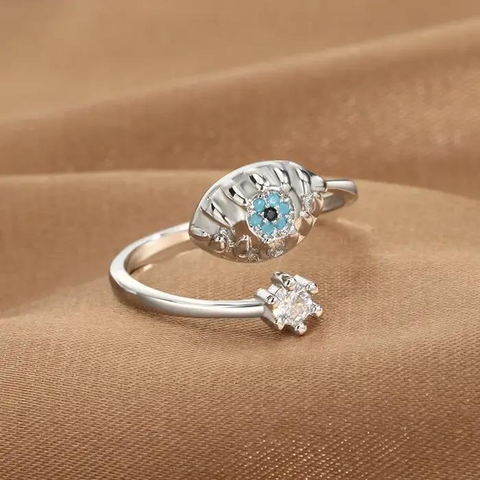 YILUOCD Hamsa Fatima – bagues ouvertes à la main, Zircon cubique bleu turc, anneau mauvais œil, amul