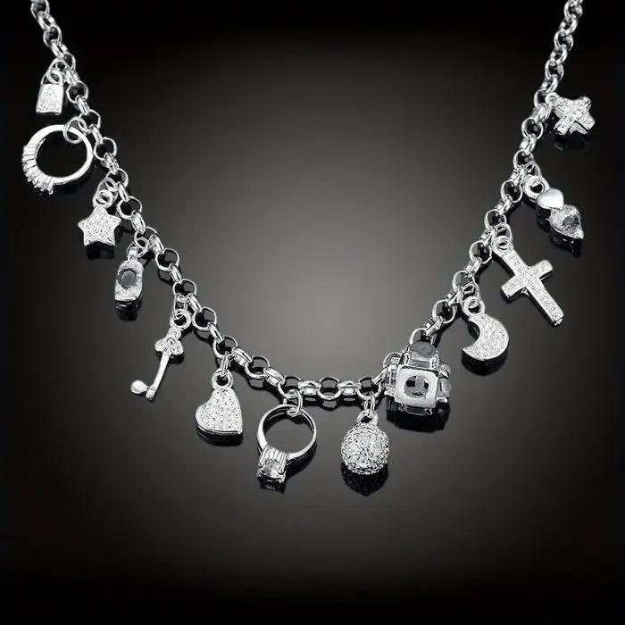 Breloques 925 en argent sterling 45 cm 18 pouces chaîne collier pendentif multi-éléments pour femmes hommes dame mode croix/lune/étoiles/serrure/clé