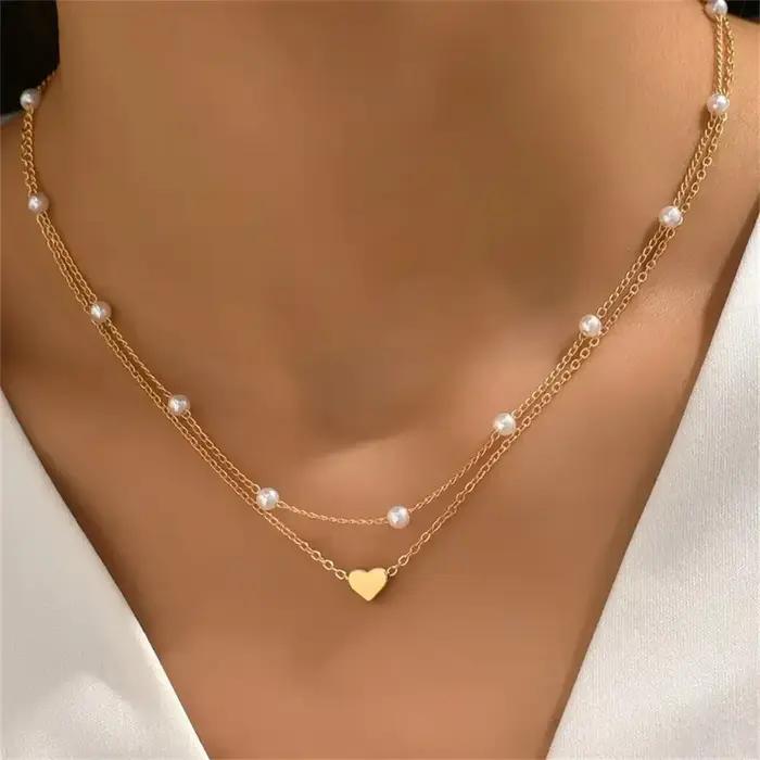 Ensemble de colliers de perles pour femmes, en or 14K, pendentif en forme de cœur, tracker d'humeur, pour occasions spéciales et tenues de soirée