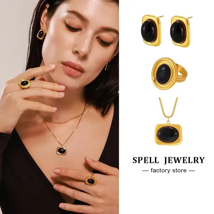 Collier chaîne boucles d'oreilles bague en acier inoxydable plaqué or 18 carats avec pendentif en agate noire colliers
