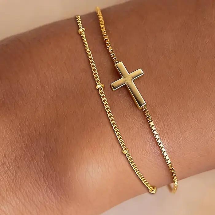 Bracelet croix délicat plaqué or 14 carats pour femme, petit bracelet de poignet, bracelet chaîne fi
