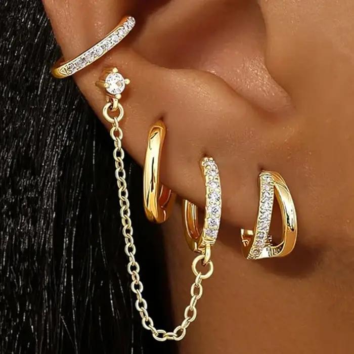 4PC chaîne Huggie boucle d'oreille ensemble pour les femmes mode fleur Tragus cerceau boucles d'oreilles en vrac