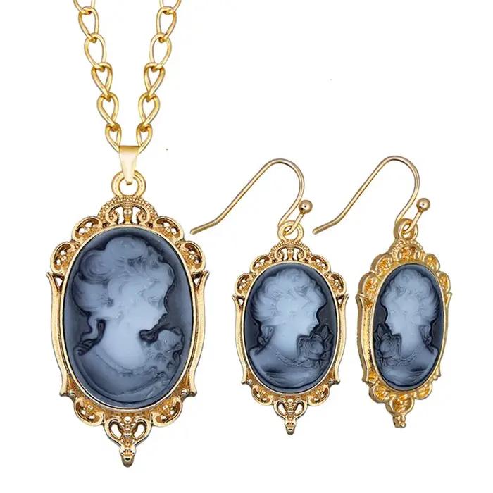 Victoria pendentif dame reine camée collier boucle d'oreille ensemble pour les femmes couleur or rou