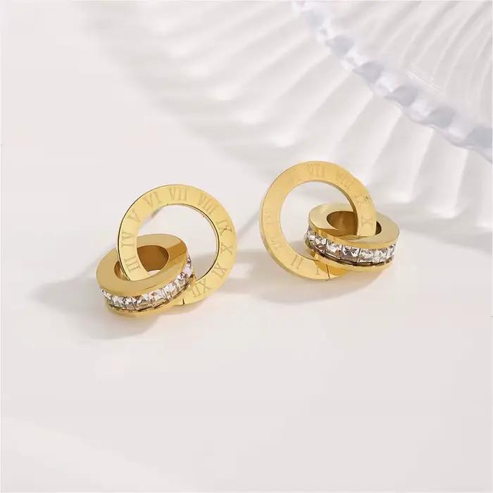 Boucles d'oreilles classiques imbriquées pour femmes, couleur or, Zircon cubique, Piercing en acier inoxydable, ensemble de bijoux minimaliste, cadeau
