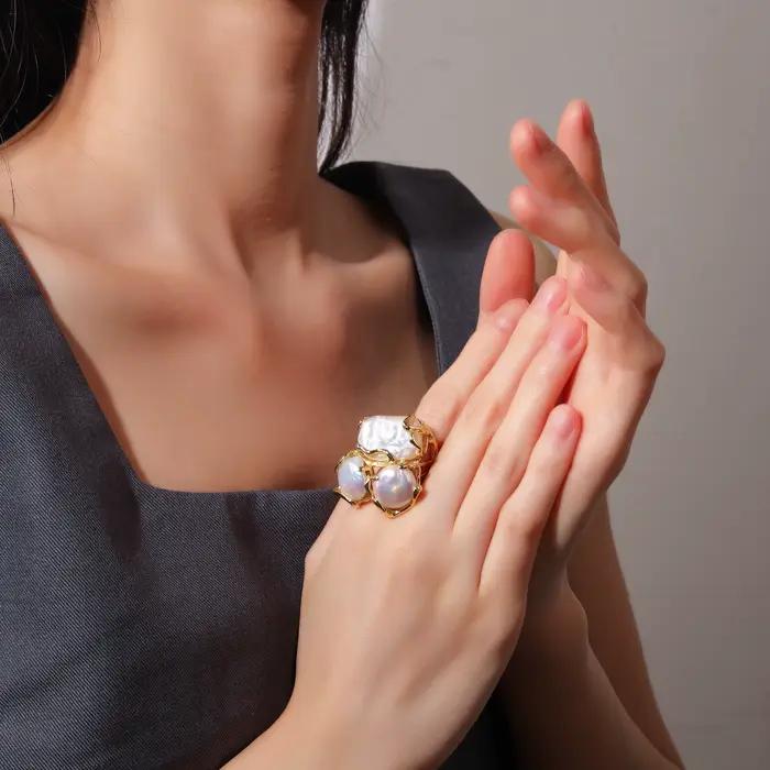 Bague en perles d'eau douce baroques plaquées or 18 carats bijou de célébration pour femme occasions spéciales mariage anniversaire