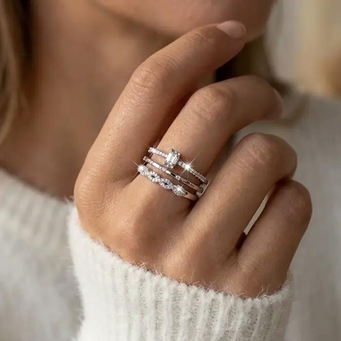Bague Cube de Sucre Harlermoon en Cuivre Sertie de Zirconium Blanc Minimaliste Pour Femme Occasions Spéciales Empilable