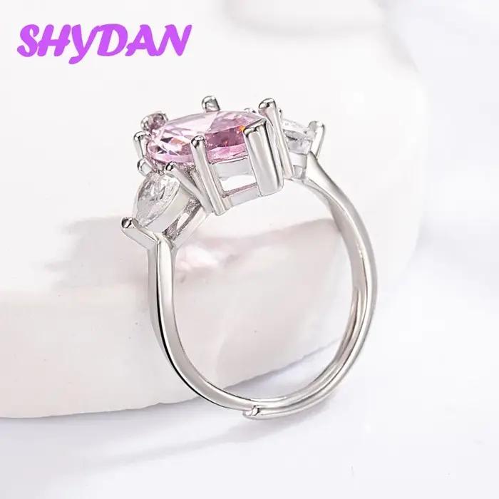 Bague ajustable en argent sterling 925 avec zircon cubique rose en forme de goutte d'eau
