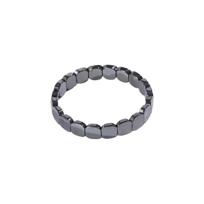 Bracelet vintage élastique noir en pierres naturelles, maillons modulaires, perles carrées, fait mai
