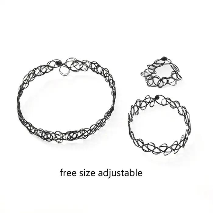 Ras du cou élastiques extensibles pour femmes et filles, 3 pièces, noir, tatouages, bracelet, bague,