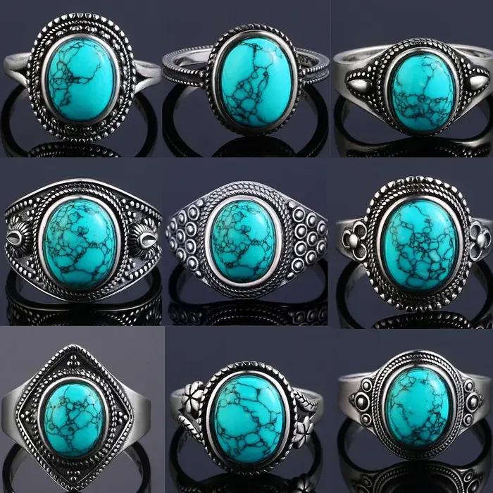 Bague vintage en turquoise naturelle plaquée argent 925 élégante pour femmes et hommes occasions spéciales anniversaire fiançailles mariage fêtes cadeau naissance