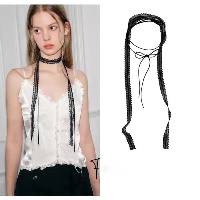 Collier en dentelle noir et blanc double couche style bohème pour femmes et filles