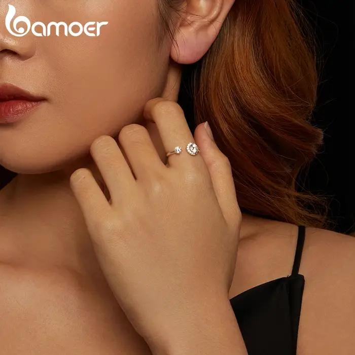 BAMOER Moissanite Plaqué Or Blanc Bague Ajustable En Argent Sterling 925