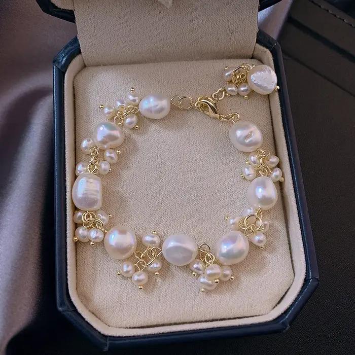 Bracelet de charme pour femme en or 14 carats avec perles d'eau douce baroques 100 % naturelles, acc
