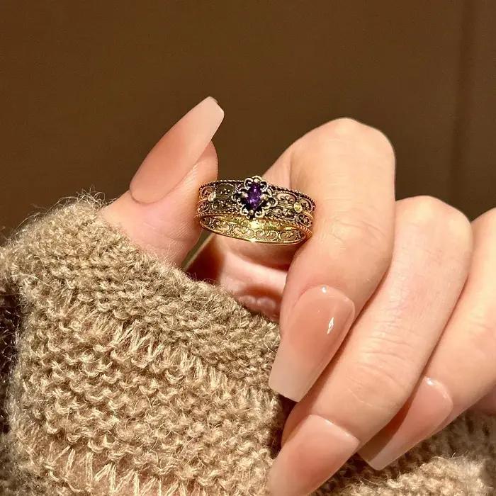 Bagues vintage en diamant violet ajouré pour femmes, noir et doré, à la mode, style hip-hop, pour banquet, bijoux fins, cadeau