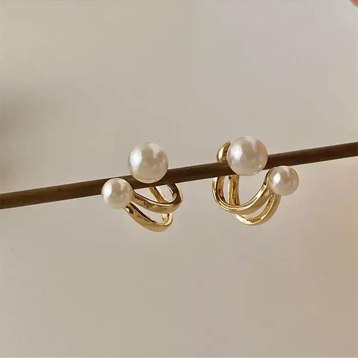 Boucles d'oreilles pendantes double usage couleur or avec perles pour femme