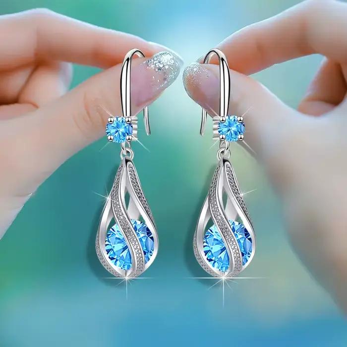 Boucles d'oreilles élégantes en cristal bleu pour femme, argent regardé 925, luxe, créateur de mode, bijoux, fête de mariage, fiançailles, cadeau de vacances