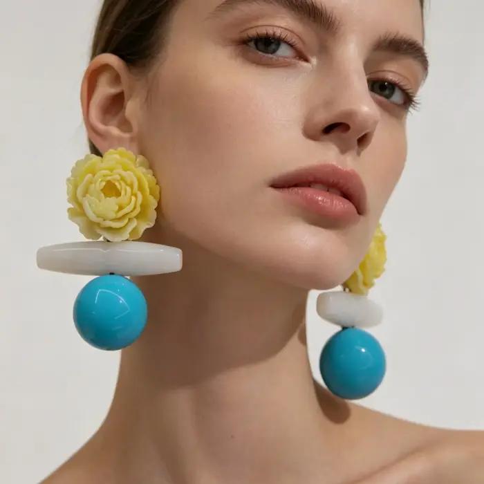 Boucles d'oreilles en acrylique motif pivoine fleurs jaunes dégradées billes bleues style rétro macarons colorés pour femmes occasions spéciales