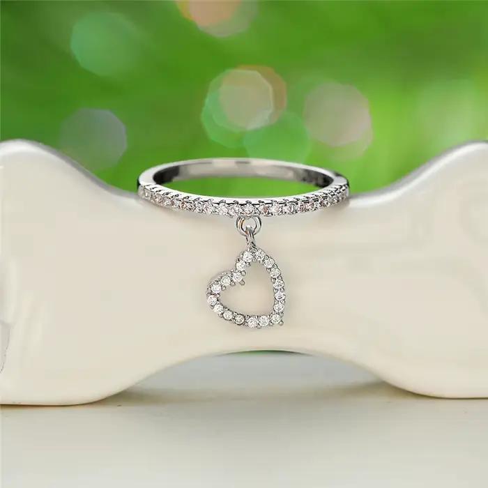 Bagues pendentif en cristal blanc pour femmes, bague de fiançailles couleur or Rose argent, Vintage, cœur d'amour, bijoux de mariage fins pour femmes