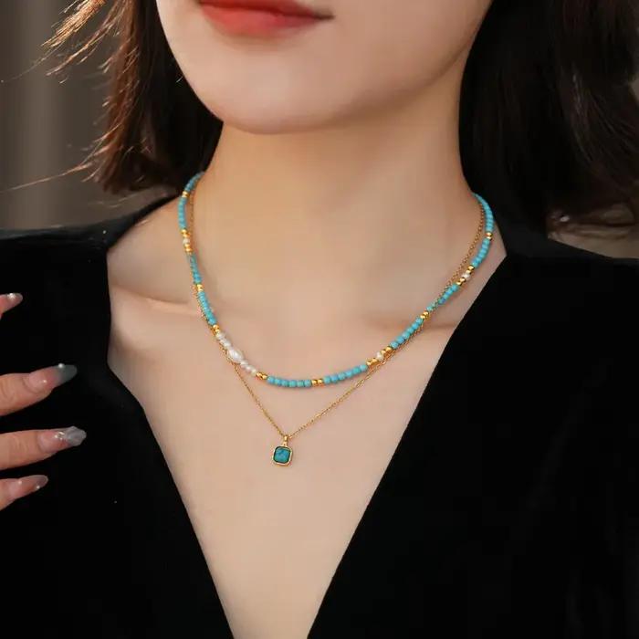 Collier double couche en or 18 carats plaqué turquoise avec perles imitation perles pour femmes occasions spéciales soirée anniversaire mariage