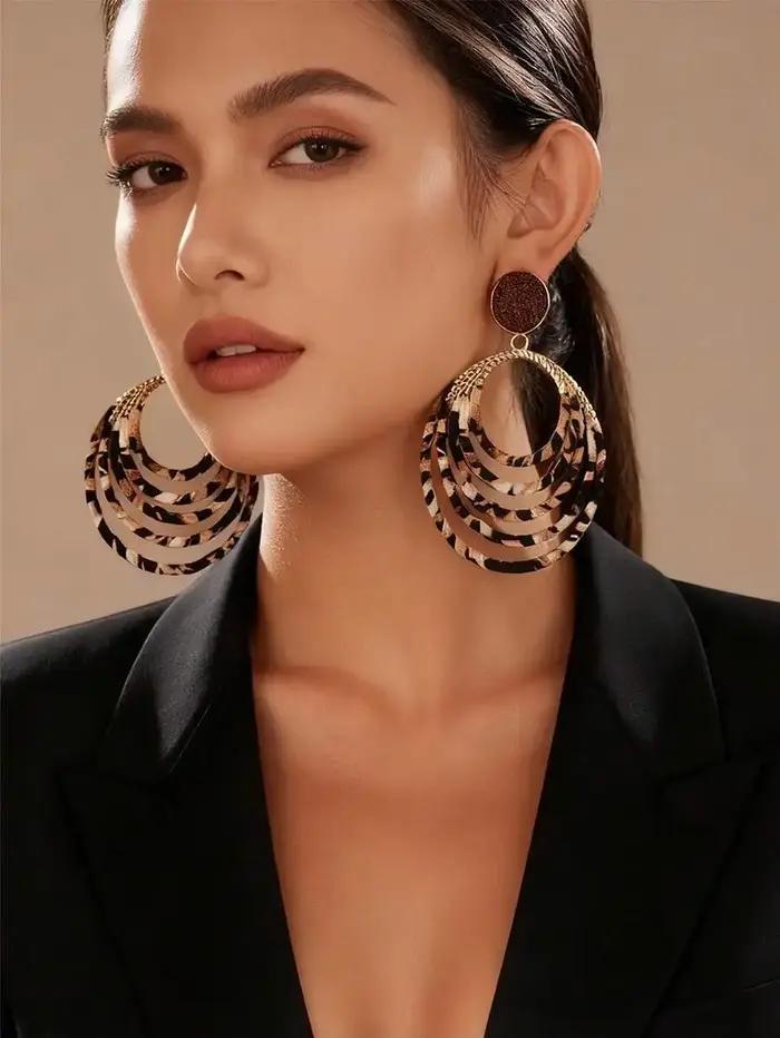 1 paire de boucles d'oreilles vintage faites à la main avec motif léopard et cercle géométrique, acc