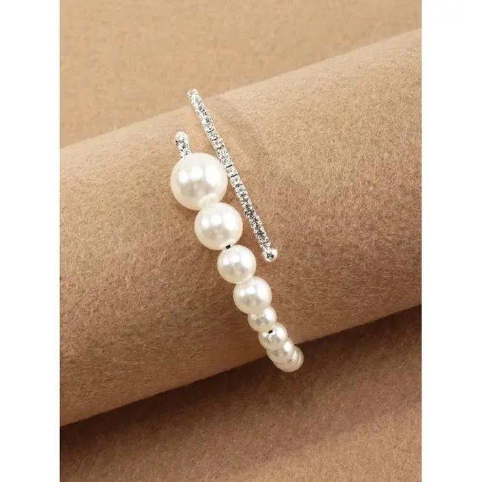1pc Bracelet ajustable ouvert avec fausses perles incrustées de diamants