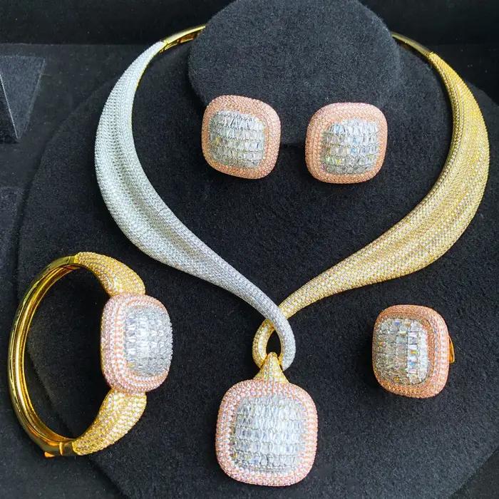 Missvikki luxe dubaï ensemble de bijoux de mariée 4 pièces collier carré bracelet boucles d'oreilles bague pour les femmes de mariage de luxe zircon cubique