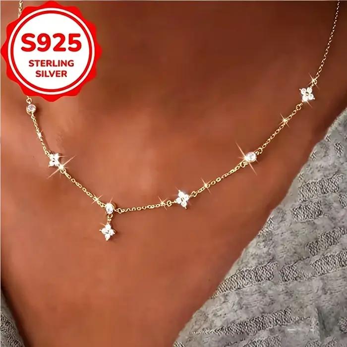 Collier ras du cou en argent sterling S925 avec trèfle en zircon cubique, plaqué or 14 carats, chaîn