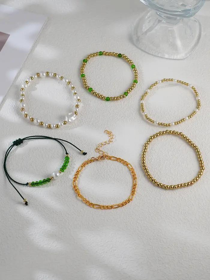 Lot de 6 bracelets bohèmes verts en perles d'imitation de cristal, bijoux de plage, de fête, de vaca