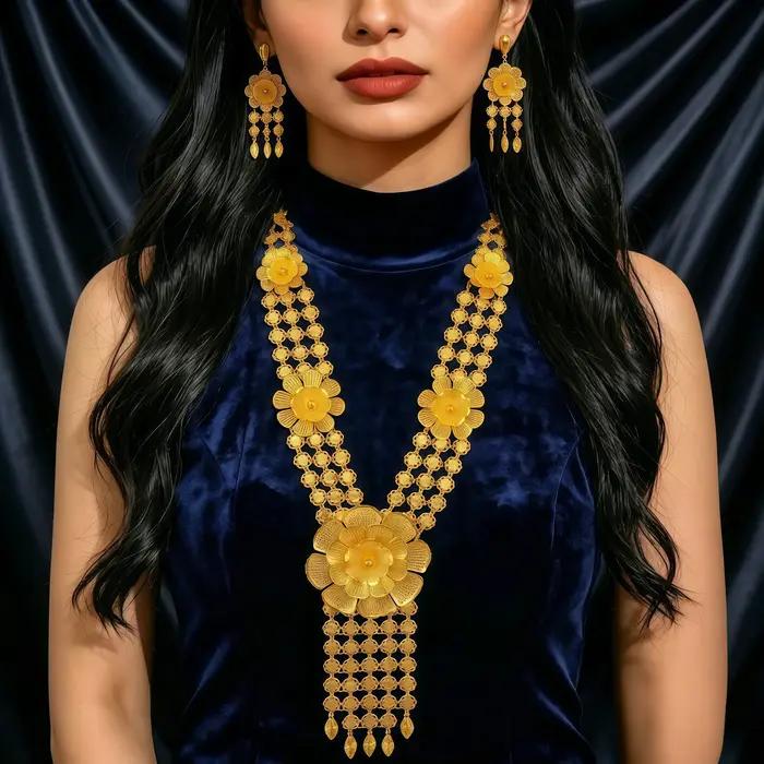 Parure de bijoux de luxe indienne couleur or 24 carats avec collier long à fleurs et boucles d'oreilles pour mariée
