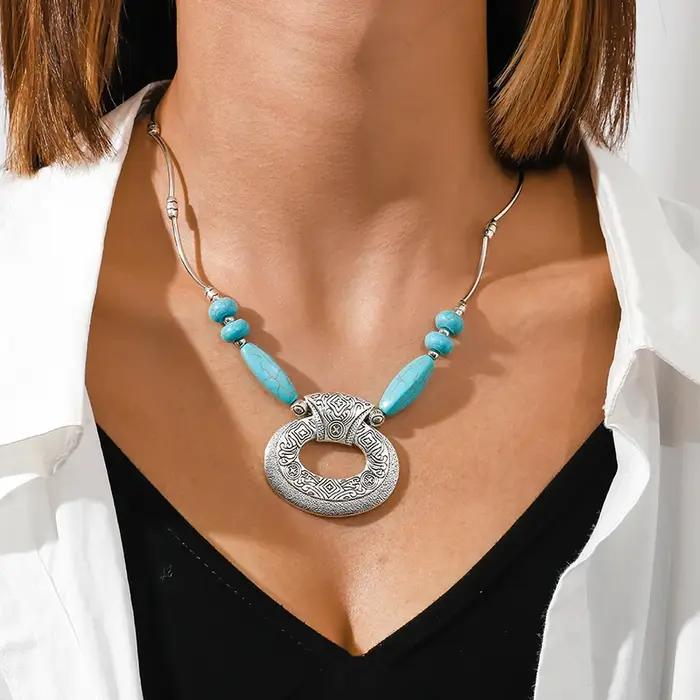 Collier en pierre turquoise naturelle pour femmes, style bohème, goutte d'eau, bijoux ethniques pour occasions spéciales et quotidienne