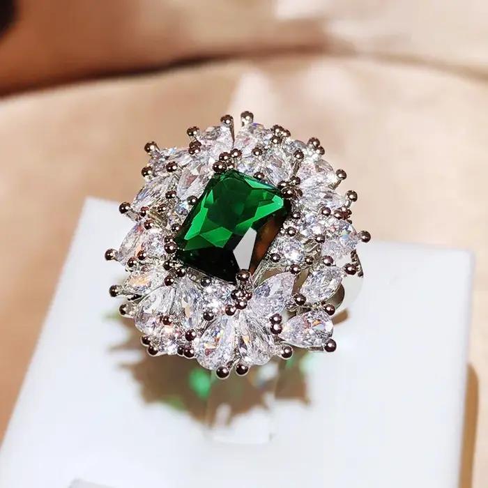 Grande bague ronde en zircon vert pour femme, bague cubique contre-indiquée, accessoires brillants,