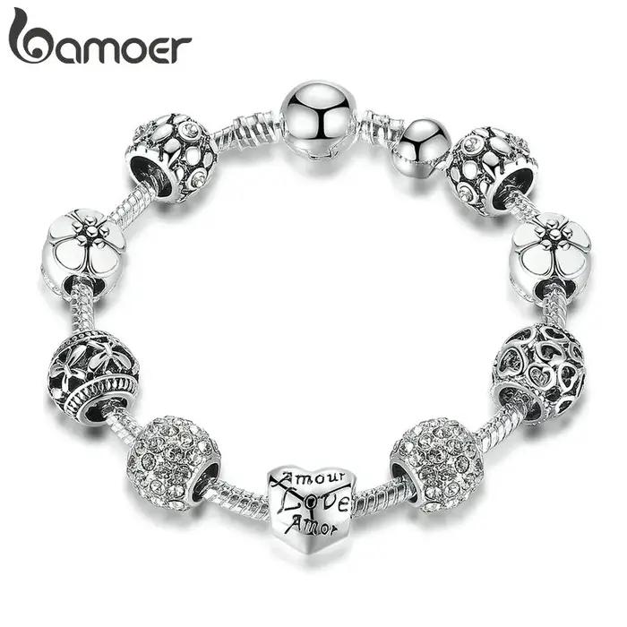 BAMOER – Bracelet à breloques plaqué argent avec perles d'amour et de fleurs