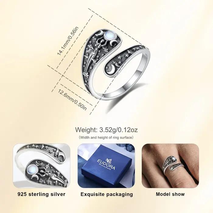 Bague Ajustable en Argent Sterling 925 Triple Lune Goddess Hecate Pierre de Lune Amulette Cuillère Vintage Bijoux Cadeau Femme Occasions Spéciales