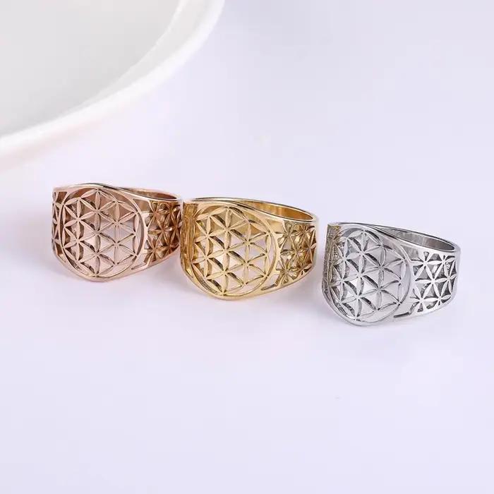 Bagues esthetiques en acier inoxydable plaqué or 18 carats fleur de vie vintage pour homme et femme occasions speciales partys anniversaires mariage